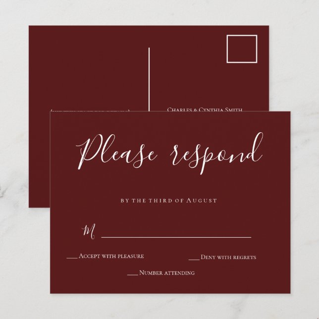 Burgundy Calligraphy Wedding RSVP Card Postcard (Front/Back)