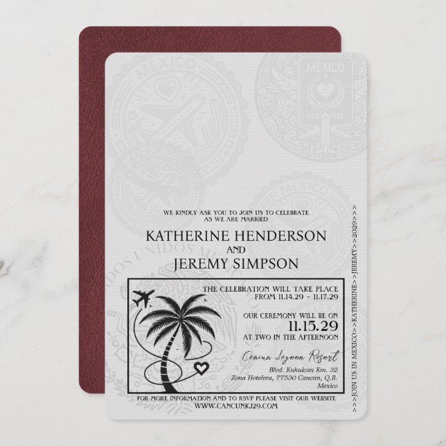 Burgundy Cancun Passport Wedding Invitation (Front/Back)