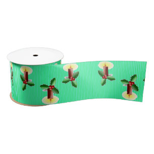 Burgundy candle with Xmas holly Satin Ribbon