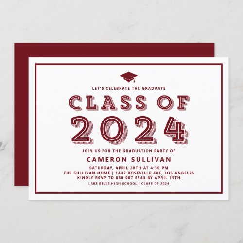 Burgundy Cap Class of 2024 Retro Graduation Invitation