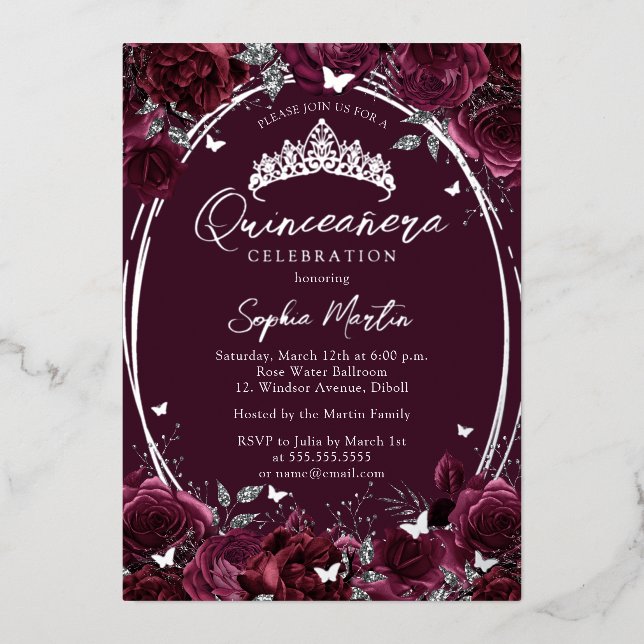Burgundy Captivating Floral Butterfly Quinceanera Foil Invitation (Front)