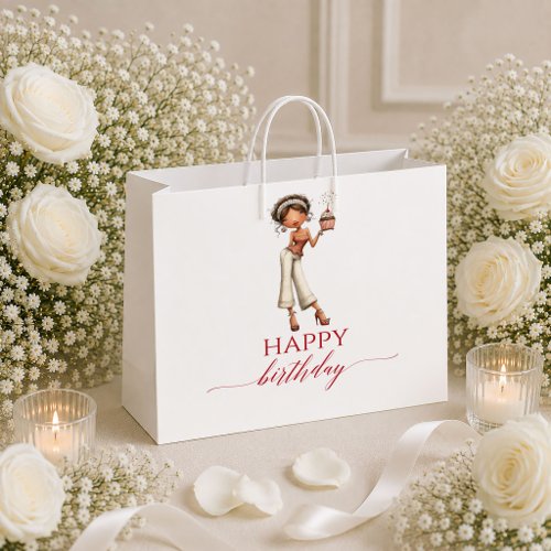 Burgundy Cartoon Woman Marsala Script Birthday gif Large Gift Bag