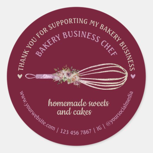 Burgundy Catering Bakery Chef Whisk Flower Thanks Classic Round Sticker