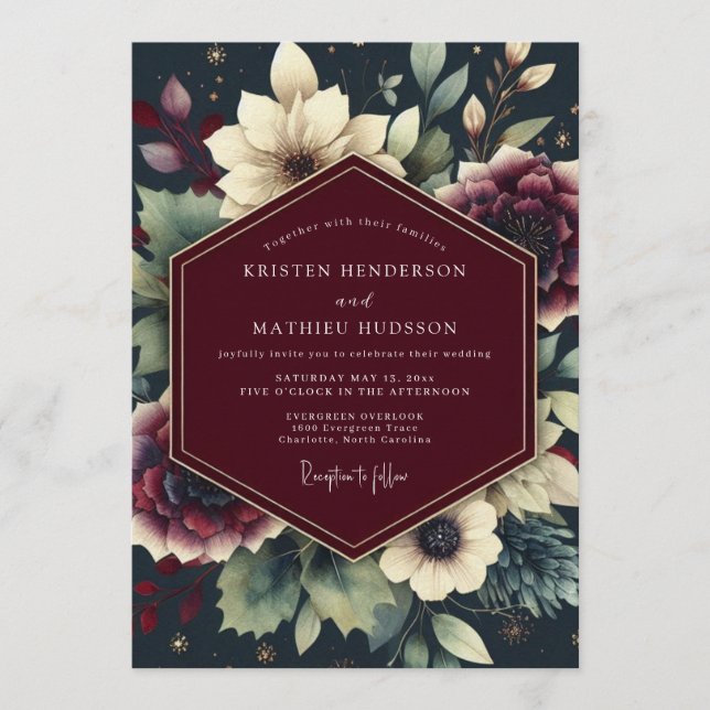 Burgundy Celestial Floral Wedding Invitation (Front)