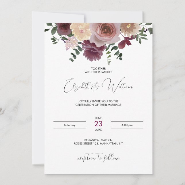 Burgundy &Champagne Boho Rustic Wedding Invitation (Front)