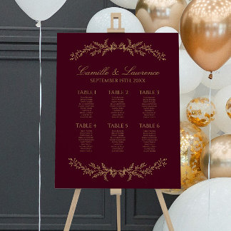 Burgundy Champagne Floral Wedding Seating Chart Foam Board