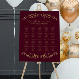 Burgundy Champagne Floral Wedding Seating Chart Foam Board