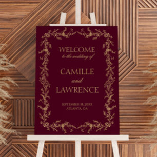Burgundy Champagne Floral Wedding Welcome Sign