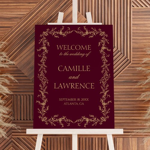 Burgundy Champagne Floral Wedding Welcome Sign