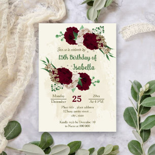 Burgundy champagne flowers botanical birthday invitation
