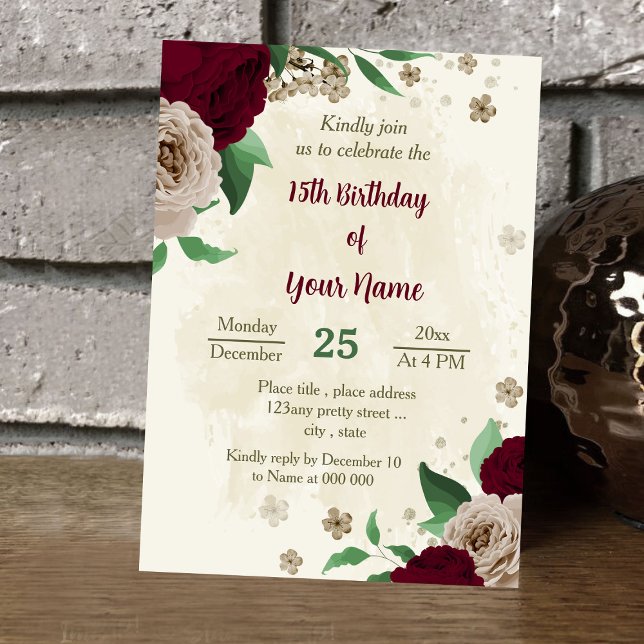 Burgundy champagne flowers botanical birthday invitation (Creator Uploaded)