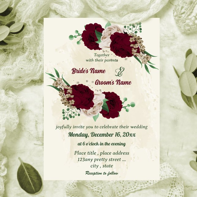 Burgundy champagne flowers botanical wedding invitation (Creator Uploaded)