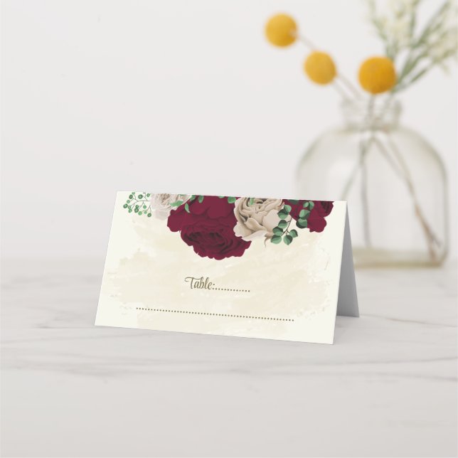 Burgundy champagne flowers botanical wedding place card (Front)