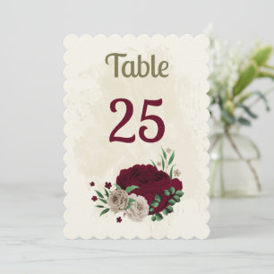 Burgundy champagne flowers table number card