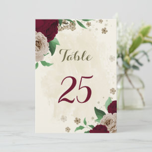 Burgundy champagne flowers table number card