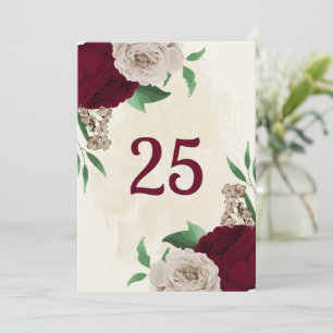 Burgundy champagne flowers table number card