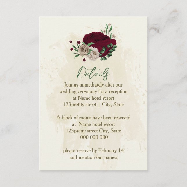 Burgundy champagne flowers wedding details enclosure card (Front)