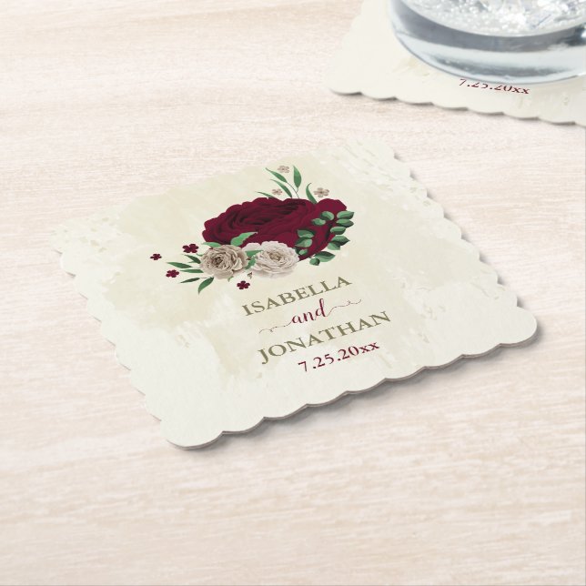 Burgundy champagne flowers wedding paper coaster (Angled)