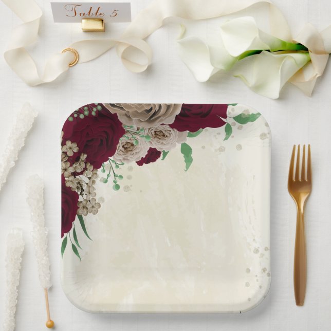 Burgundy champagne flowers wedding paper plates (Wedding)