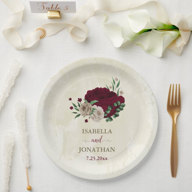 Burgundy champagne flowers wedding paper plates (Wedding)