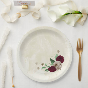Burgundy champagne flowers wedding paper plates