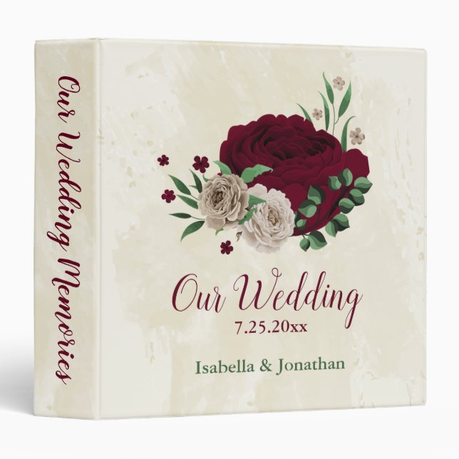 Burgundy champagne flowers wedding photo album 3 ring binder (Front/Spine)