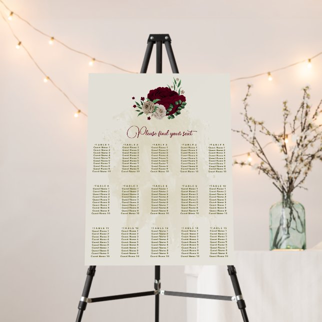 Burgundy champagne flowers wedding seating chart foam board (In Situ (Stand))