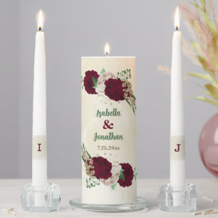 Burgundy champagne flowers wedding unity candle set