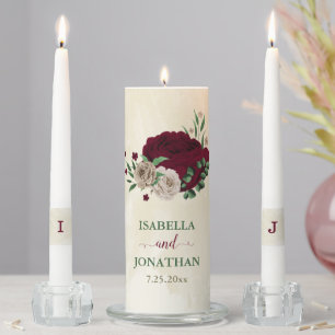 Burgundy champagne flowers wedding unity candle set