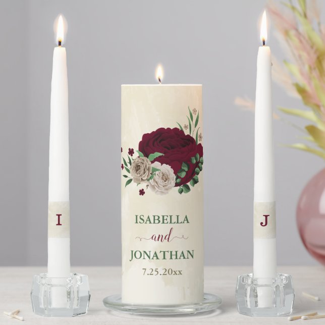 Burgundy champagne flowers wedding unity candle set (In Situ)