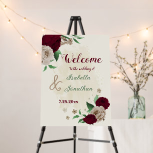 Burgundy champagne flowers wedding welcome sign