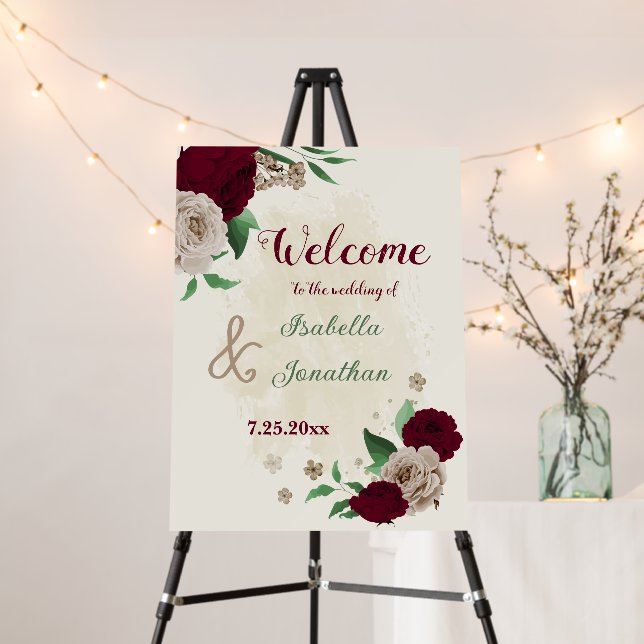 Burgundy champagne flowers wedding welcome sign (In Situ (Stand))