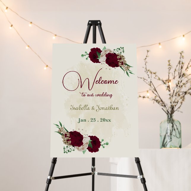 Burgundy champagne flowers wedding welcome sign (In Situ (Stand))
