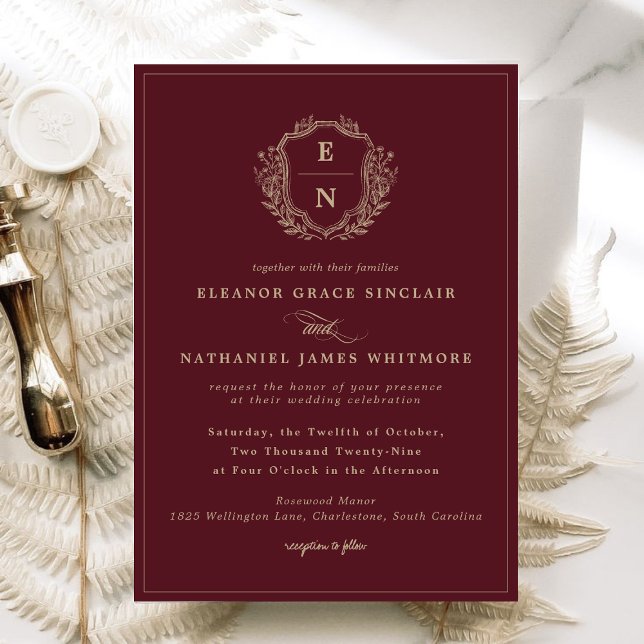 Burgundy Champagne Gold Crest Monogram Wedding Invitation (Burgundy Champagne Gold Crest Monogram Wedding Invitation)