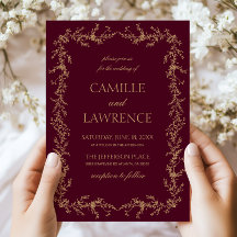 Burgundy Champagne Hand Drawn Floral Frame Wedding