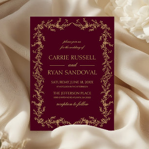 Burgundy Champagne Hand Drawn Floral Frame Wedding Invitation