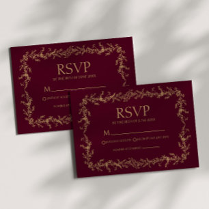 Burgundy Champagne Hand Drawn Floral Frame Wedding RSVP Card