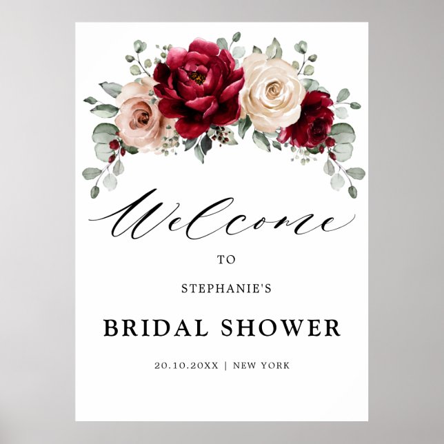 Burgundy Champagne Ivory Bridal Shower Welcome Poster (Front)