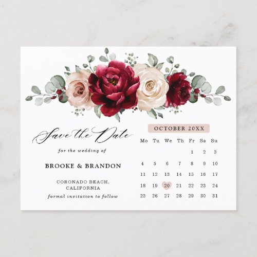 Burgundy Champagne Ivory  Calendar Save the Date Postcard