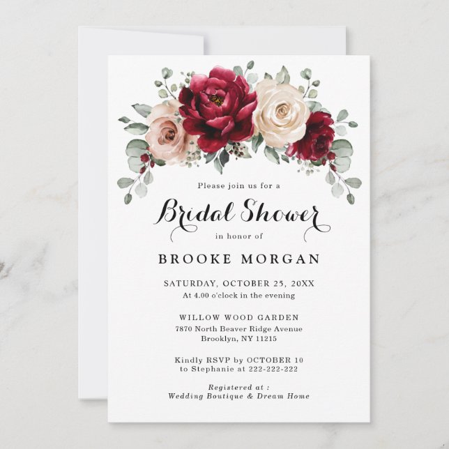 Burgundy Champagne Ivory Mauve Rose Bridal Shower Invitation (Front)