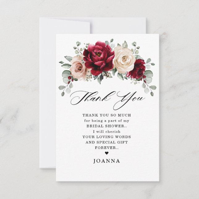 Burgundy Champagne Ivory Mauve Rose Bridal Shower Thank You Card (Front)