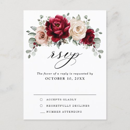 Burgundy Champagne Ivory Mauve Rose Floral RSVP Postcard