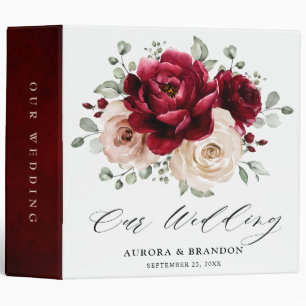 Burgundy Champagne Ivory Mauve Rose Floral Wedding 3 Ring Binder