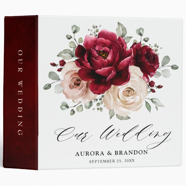 Burgundy Champagne Ivory Mauve Rose Floral Wedding 3 Ring Binder (Front/Spine)