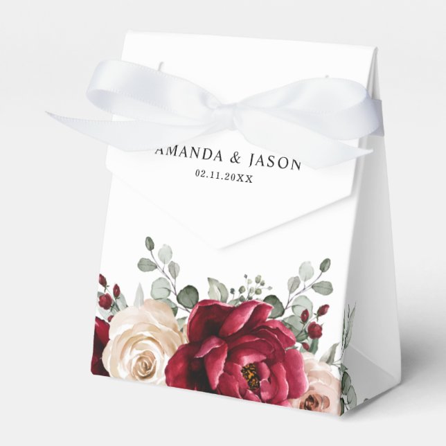 Burgundy Champagne Ivory Mauve Rose Floral Wedding Favor Boxes (Front Side)