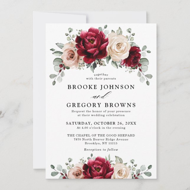 Burgundy Champagne Ivory Mauve Rose Floral Wedding Invitation (Front)