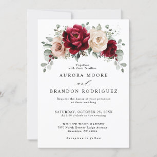 Burgundy Champagne Ivory Mauve Rose Floral Wedding Invitation