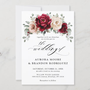 Burgundy Champagne Ivory Mauve Rose Floral Wedding Invitation