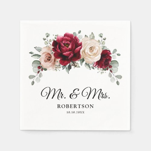 Burgundy Champagne Ivory Mauve Rose Floral Wedding Napkins