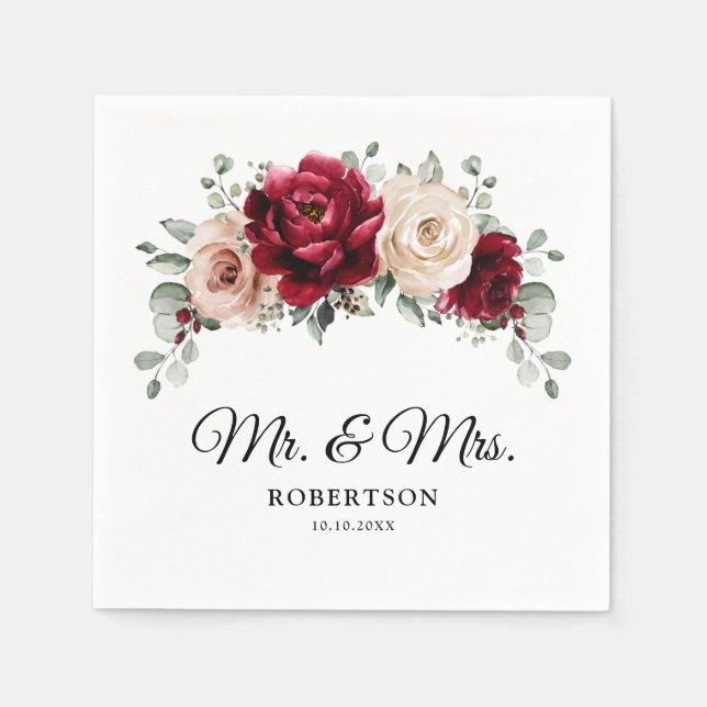 Burgundy Champagne Ivory Mauve Rose Floral Wedding Napkins (Front)
